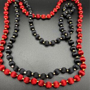 Vintage set of red and black silk thread beaded necklaces with gold-tone bead
